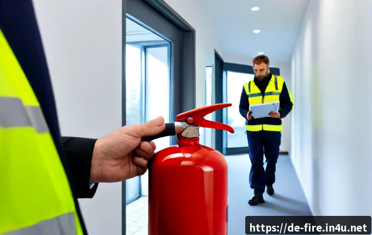 화재안전관리 업무에서 발생한 에피소드 공유 - Photorealistic German office building corridor during a routine fire safety inspection, a middle-age...