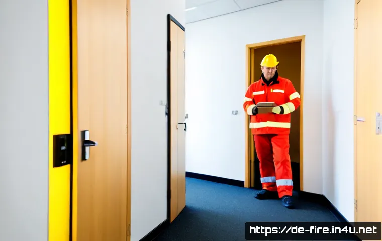 화재안전관리 실무에서의 문제점 및 해결책 - Photorealistic fire safety inspection in a modern German office building, a middle-aged safety manag...