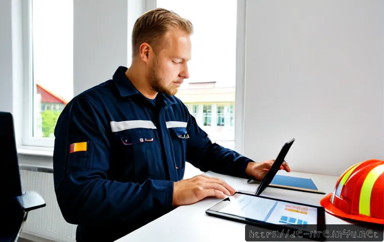 화재안전관리기술자의 경력 관리 방법 - Photorealistic German fire safety technician in a neat modern office, reviewing a professional caree...