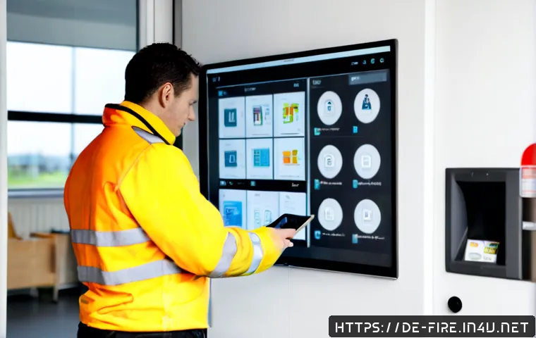 화재안전관리 실무와 디지털 기술 활용 - Photorealistic fire safety manager in a modern German office building control room, reviewing a tabl...